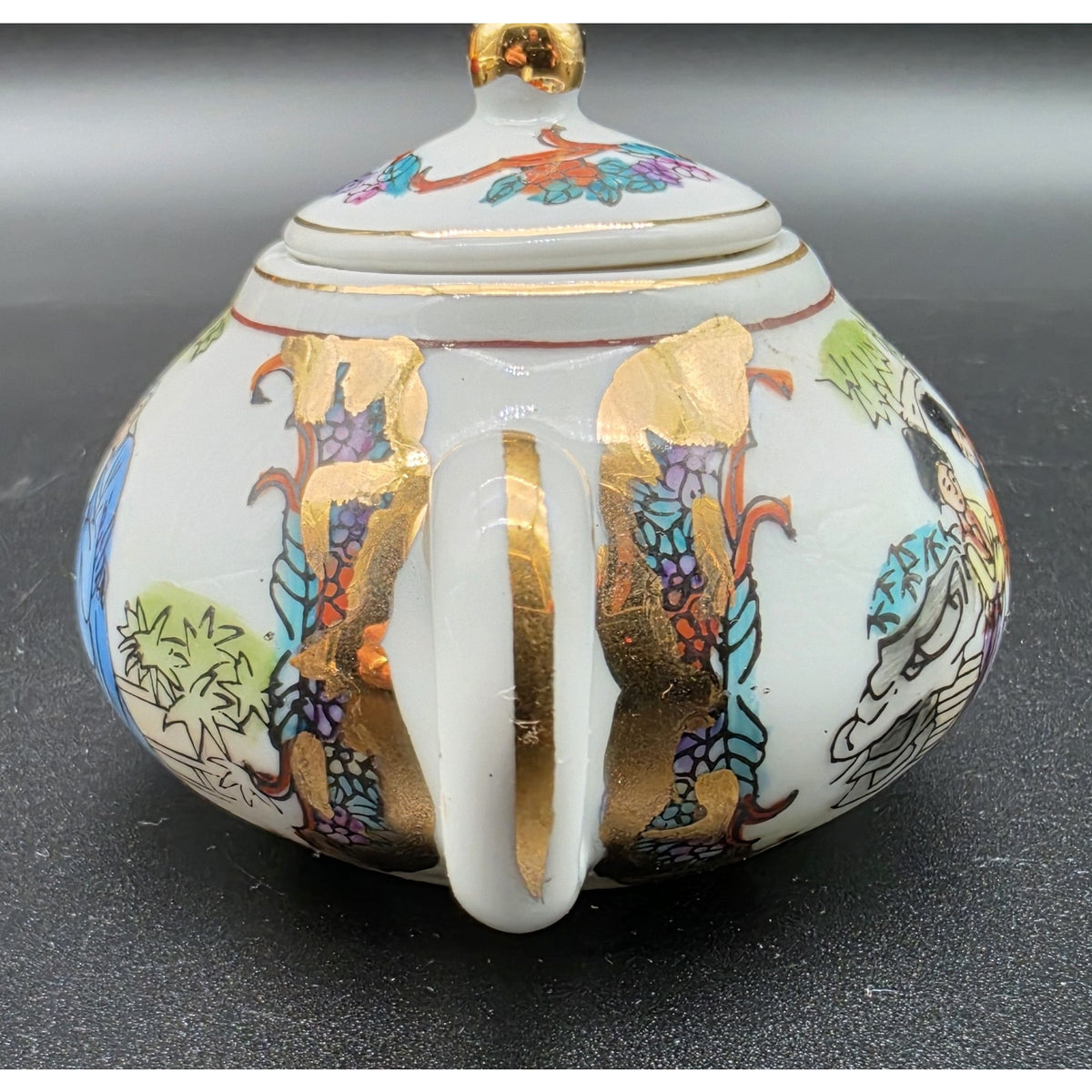 Vintage Hand Painted Porcelain Sake Tea Set 22K Gold Gilt Red Brocade Box Set