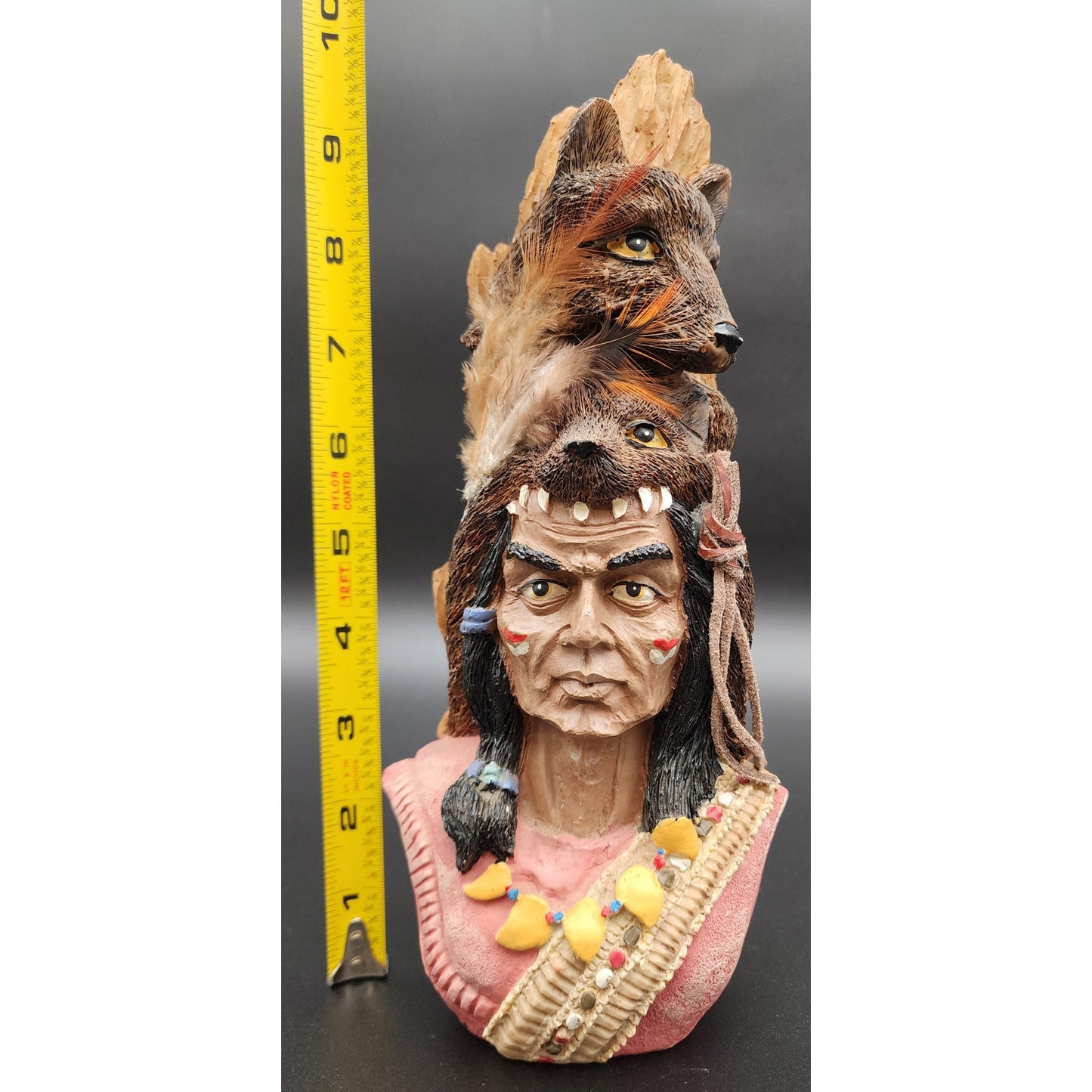 Native American Warrior Figurine w/ Wolf Fox Headdress Feathers Resin 10”