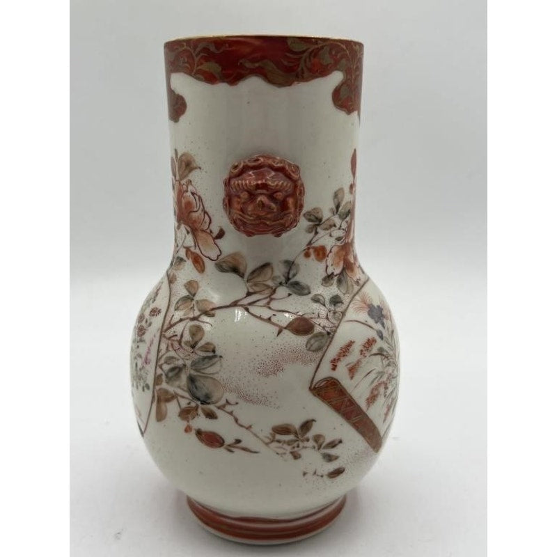 Antique Japanese Kutani Vase Ishikawa Prefecture Hand Painted Lion Handles 7"