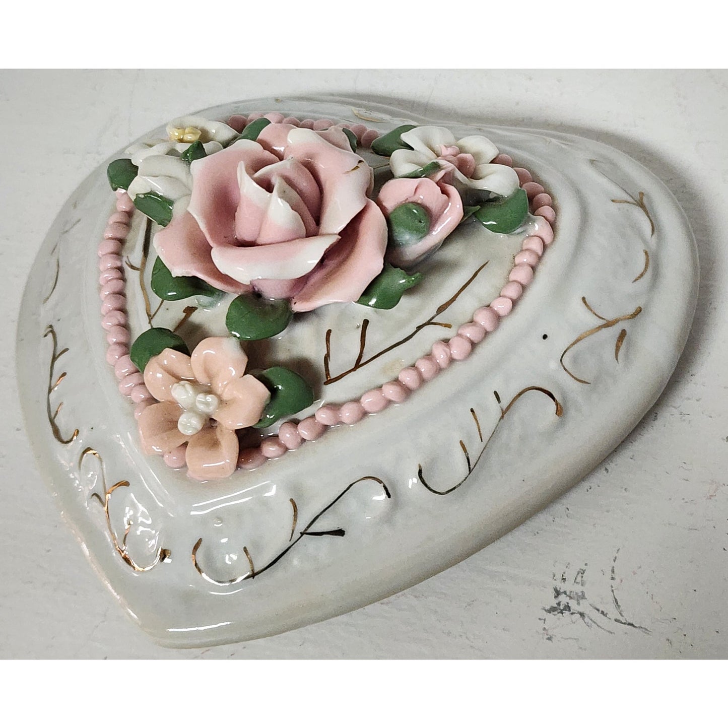 Vintage Porcelain Heart Trinket Box w/ Floral Bouquet & 22K Gold Detailing
