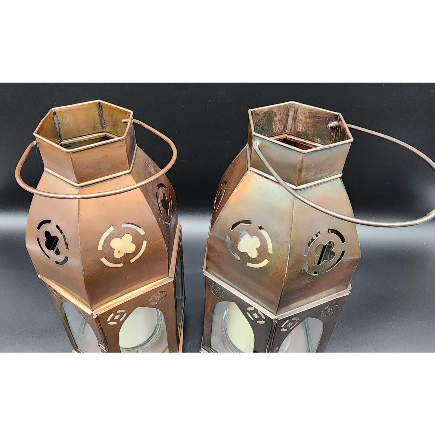 Pair Bronze Hexagon Metal Candle Lanterns w/ Glass Panels & Candles 18.5"