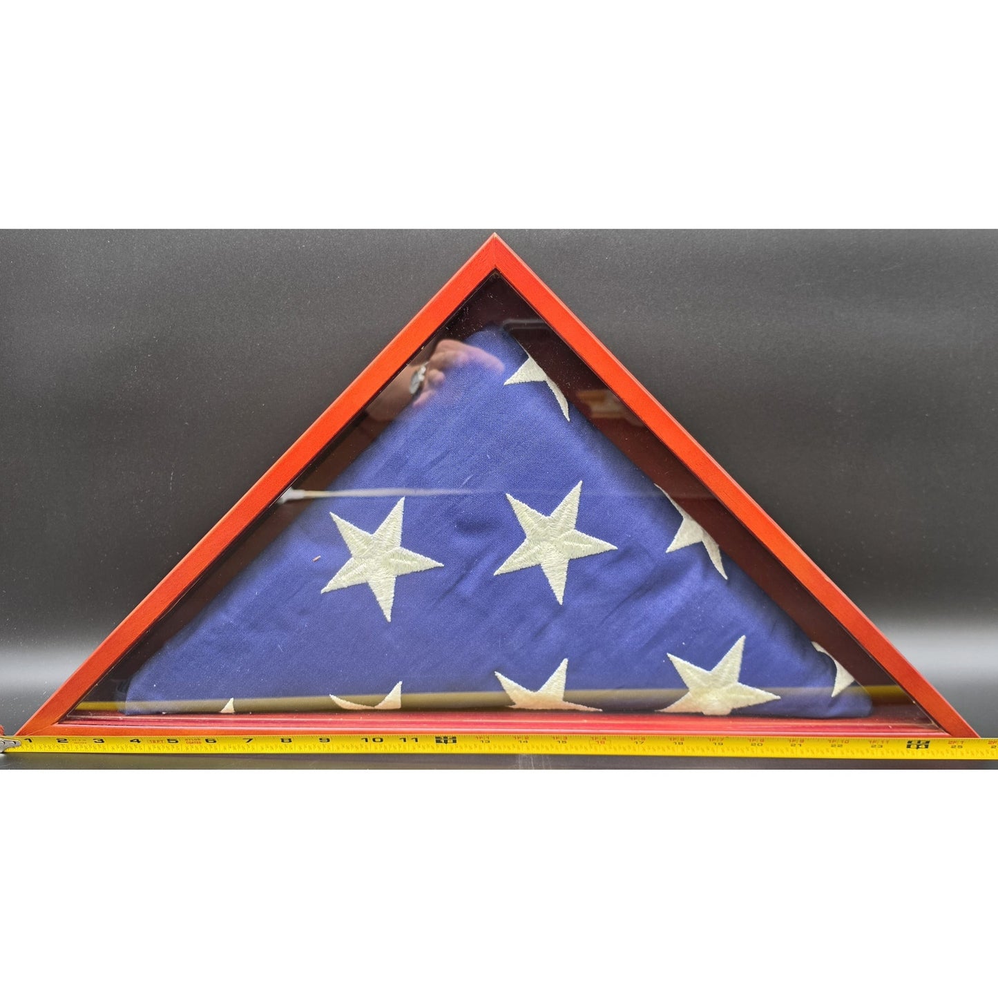Vintage US Veteran Burial Flag in Solid Wood Triangular Display Case