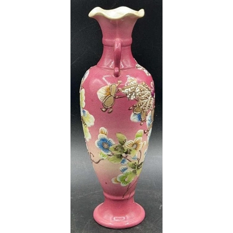 Victorian Pink Pottery Vase 9.5" – Embossed Floral, Handles, Repaired Chip