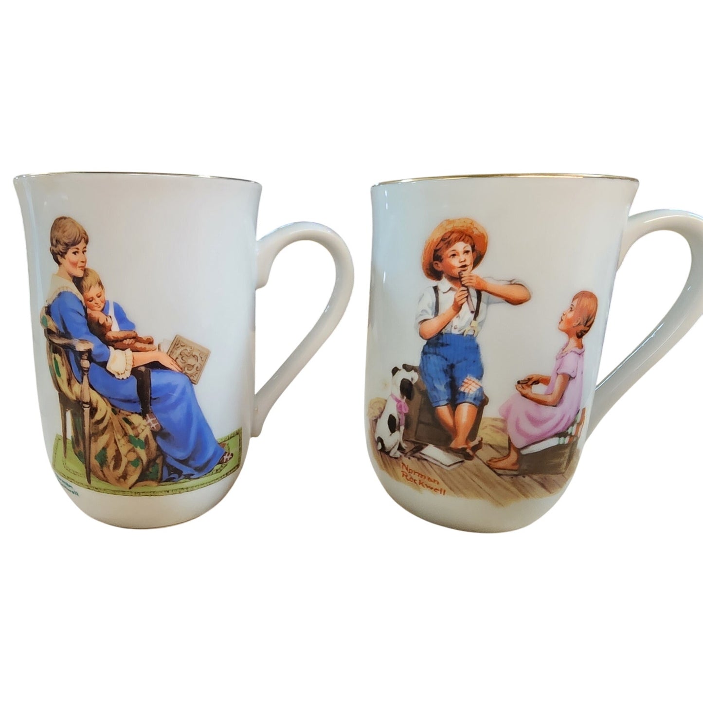 Norman Rockwell Museum Coffee Mug Cup Glasses (1982) Gold Trim - VINTAGE - 8 Pc (Rare)