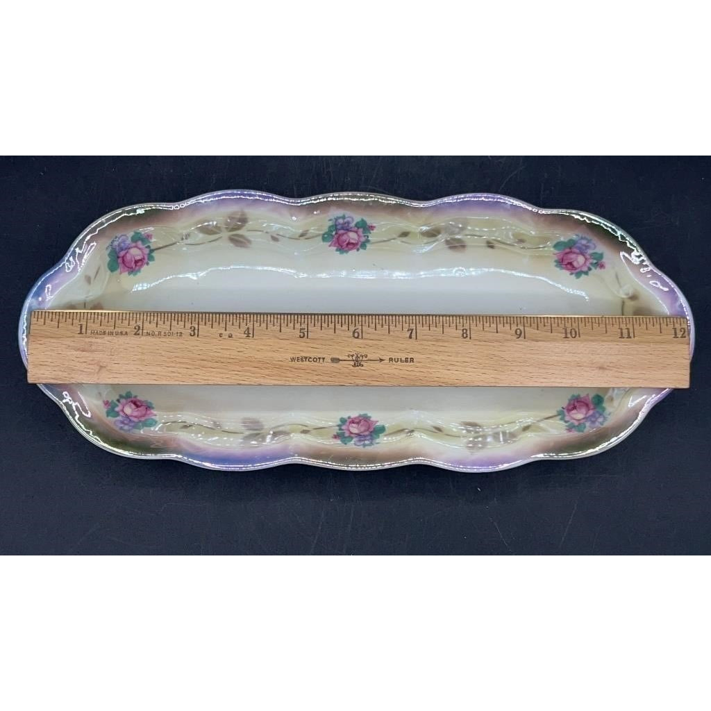 VTG Bavaria Lusterware Celery Dish Hand-painted Floral 12.25"x5.25"x1.5"