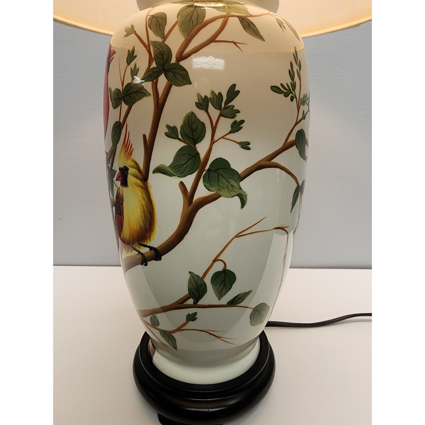 Vintage Ceramic Bird Lamp 24.5" – Cardinal & Goldfinch – Tree Finial, Wood Bas