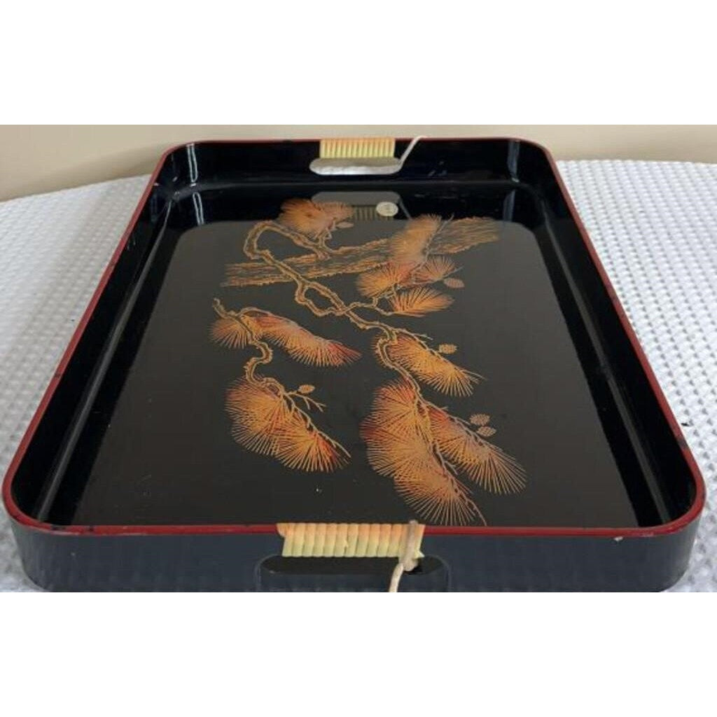 Vintage Japanese Lacquer Tray Gold Pine Design Cone Red Rim Handles Hang - Serve