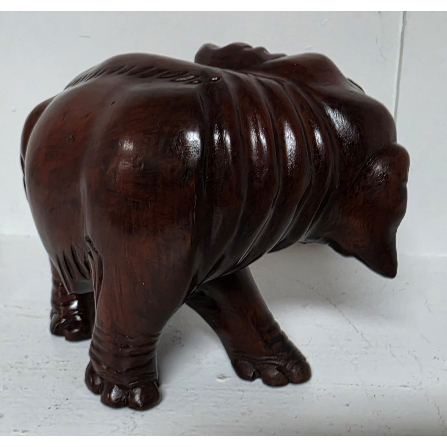 Vintage Hand‑Carved Mahogany Elephant Figurine 6" Wide Solid Wood Sculpture Nice