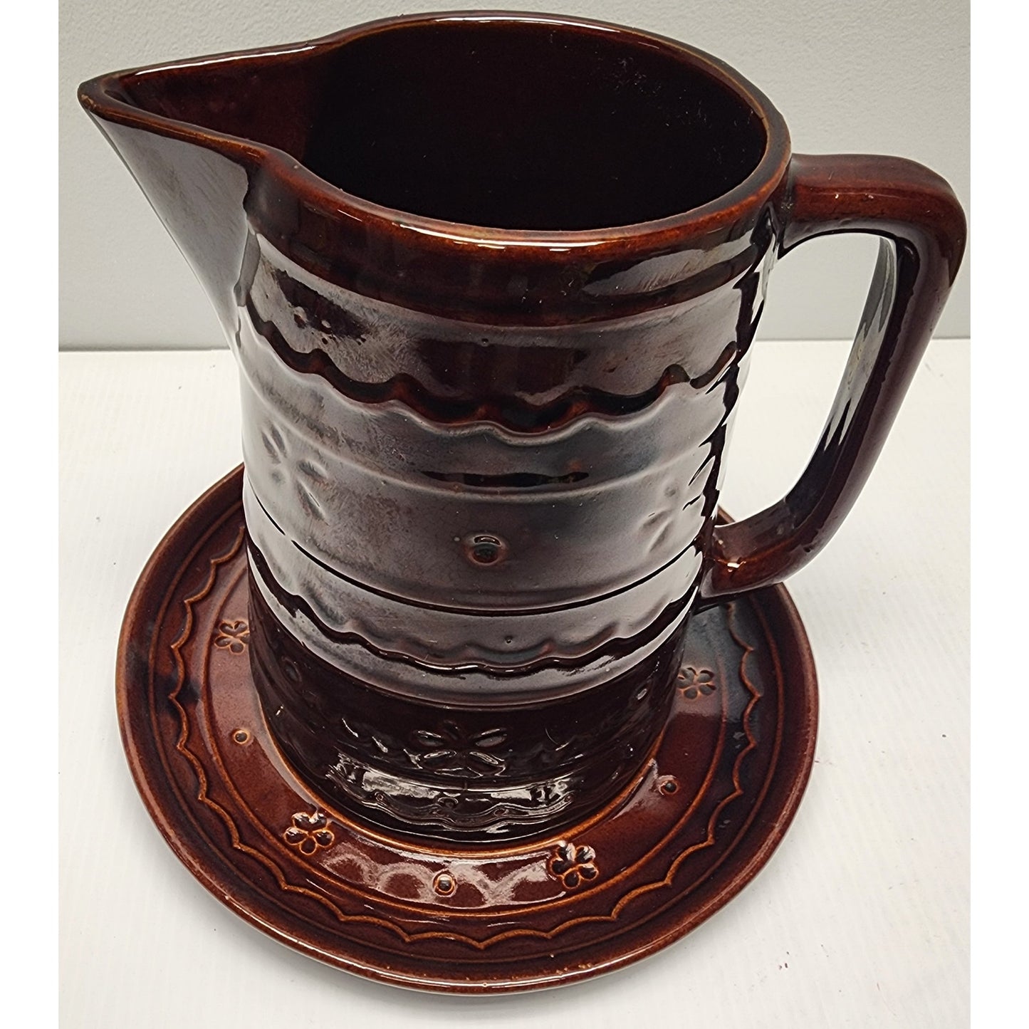 Marcrest Daisy Dot Brown Stoneware Pitcher & 9.5" Plate Ovenproof USA Vintage