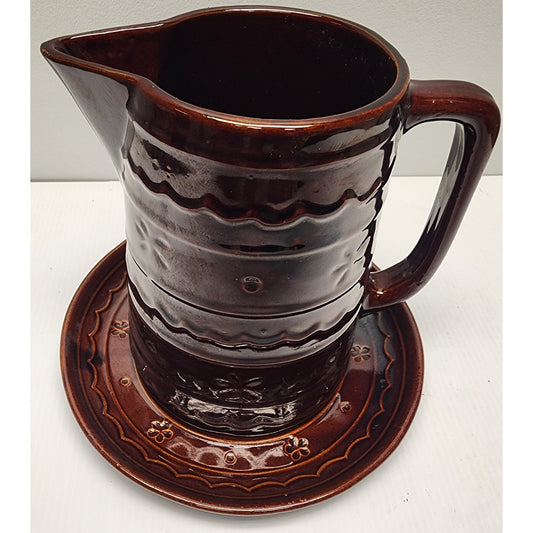 Marcrest Daisy Dot Brown Stoneware Pitcher & 9.5" Plate Ovenproof USA Vintage