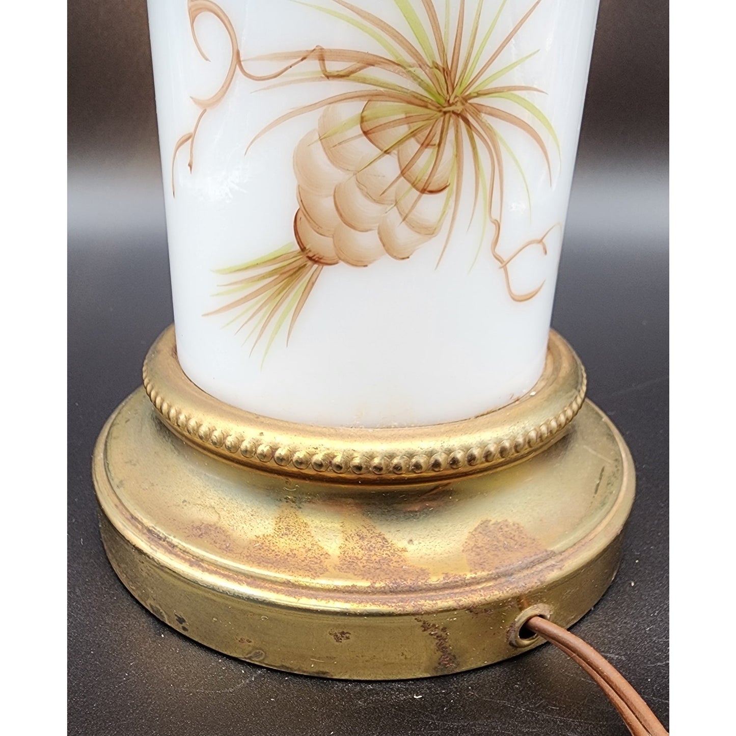 Vintage Brass Table Lamp w/ Hand‑Painted Pinecone Milk Glass Shade, 16.5"  Tall