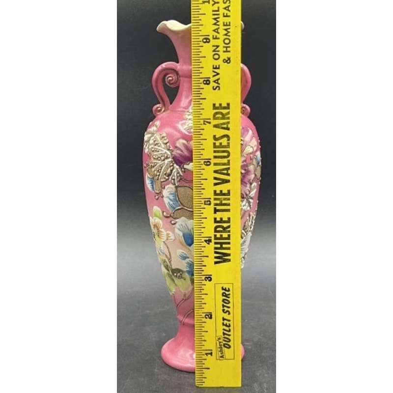 Victorian Pink Pottery Vase 9.5" – Embossed Floral, Handles, Repaired Chip