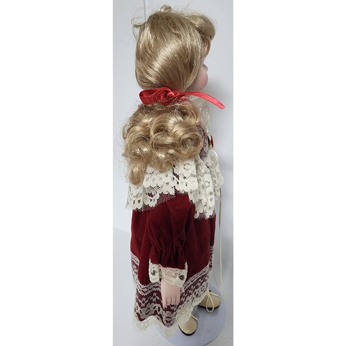 Vintage Tender Hearts Porcelain Doll No. 594 Red Velvet Lace Dress w/ Stand