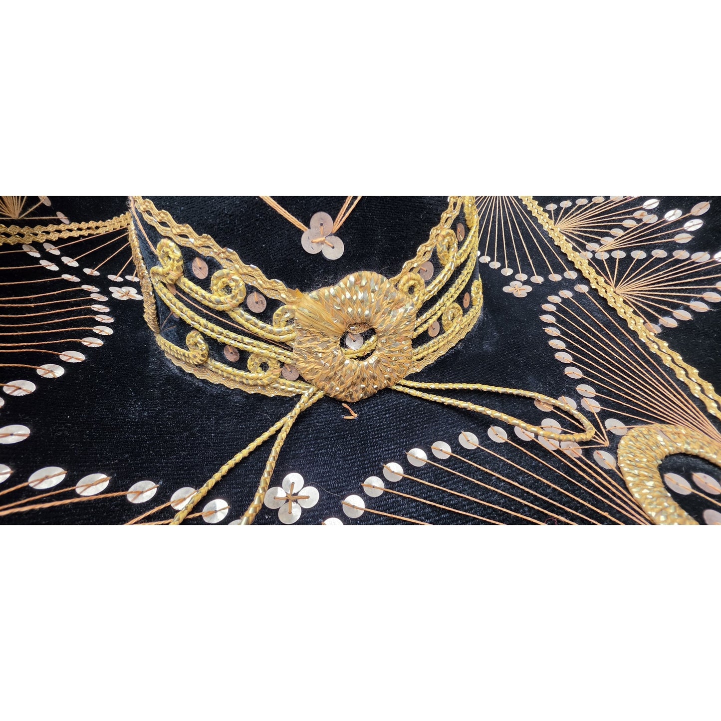 Authentic Vintage Mexican Sombrero Black Felt Gold Emb Sequin Detail 24x18x7.25