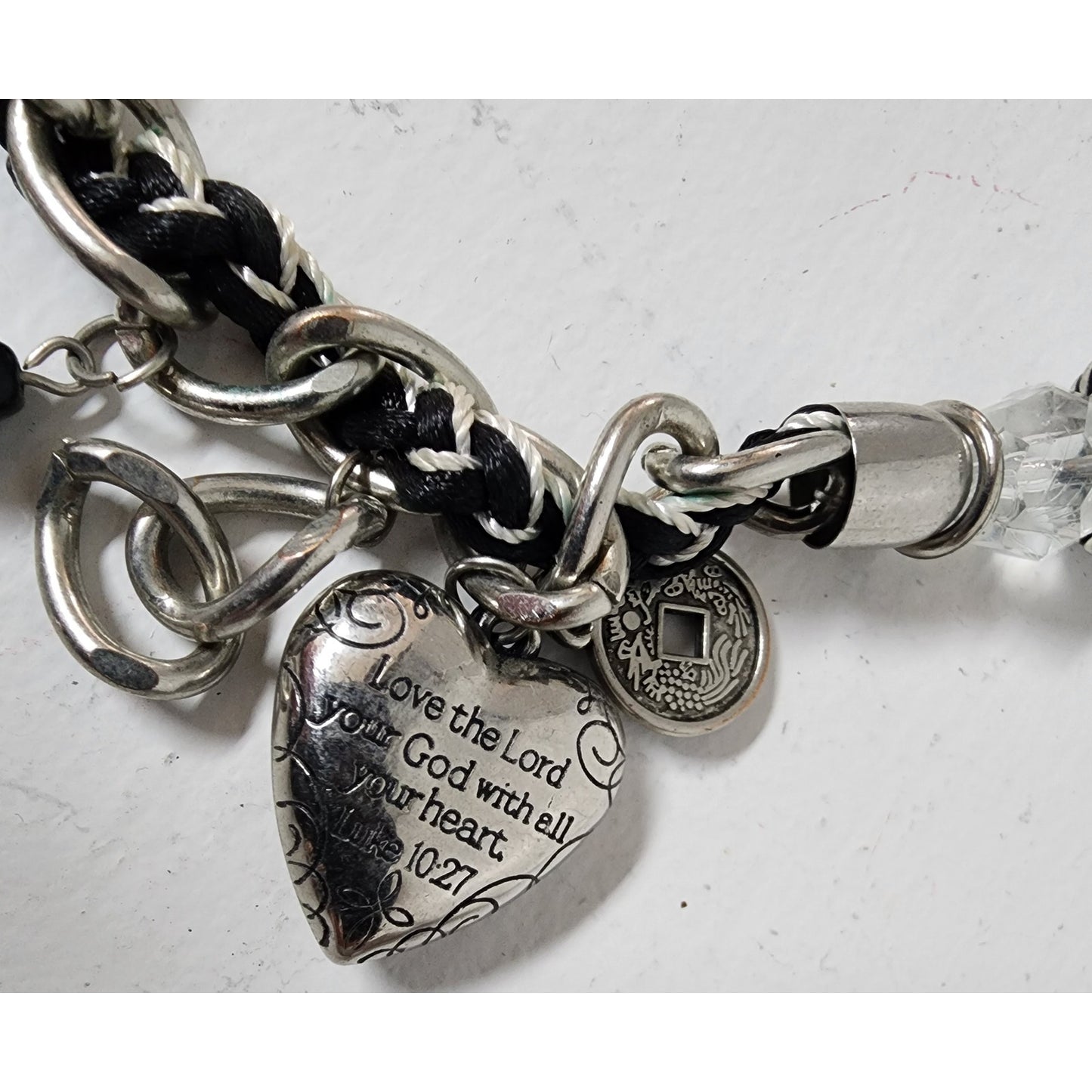 Vintage Charm Necklace w/ Heart Amulet Luke 10:27 & Cross – Unique Design