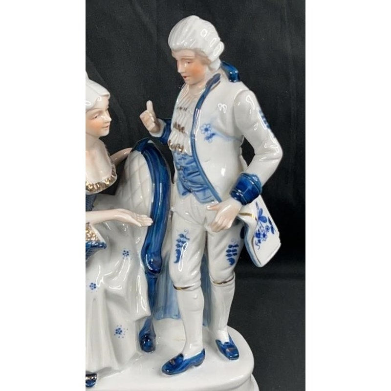 Victorian Style Blue White Porcelain Figurine Couple, Gold Accents, Hand Painted