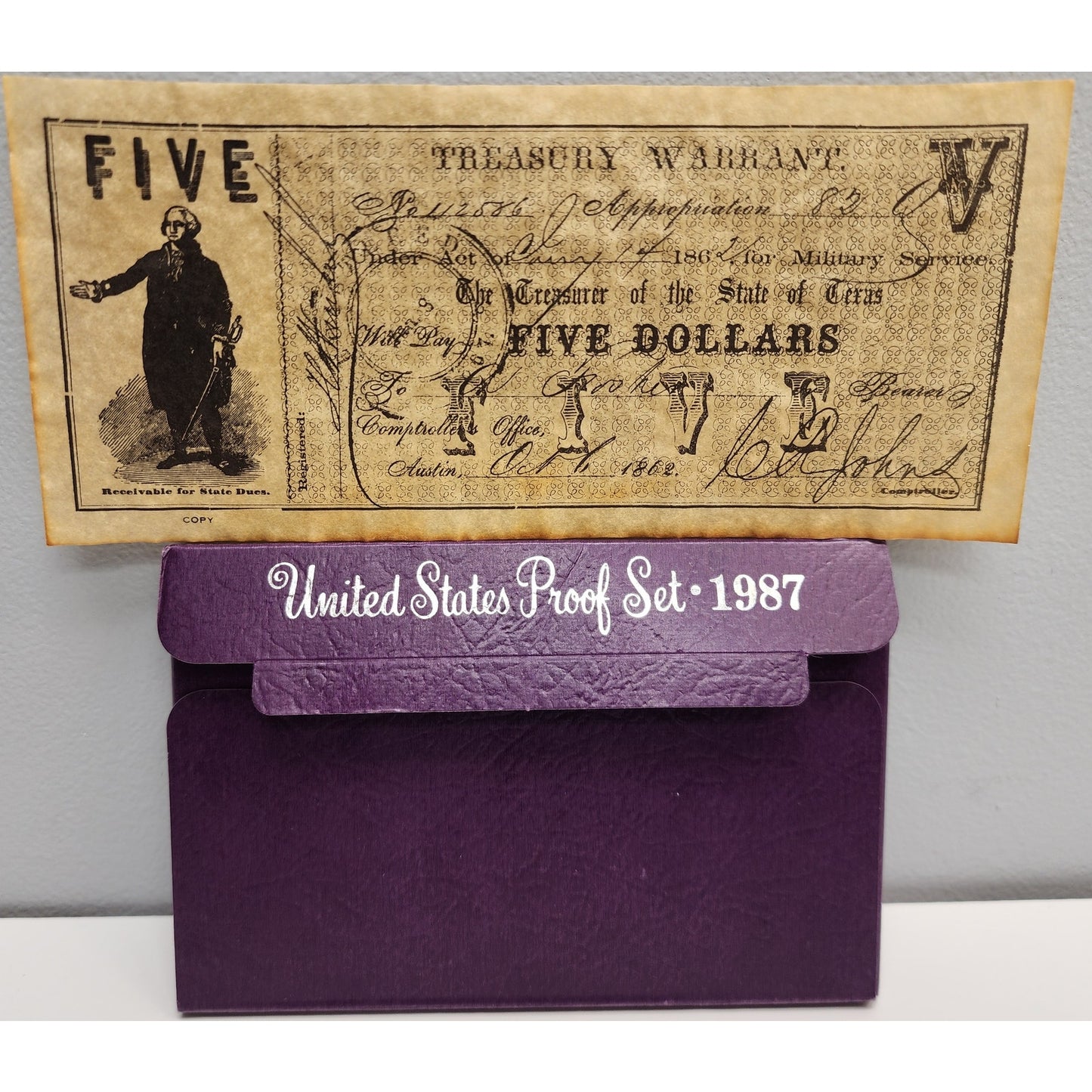 1987 U.S. Proof Set + Treasury Spec Card + 1862 Texas $5 Confederate Note Repro