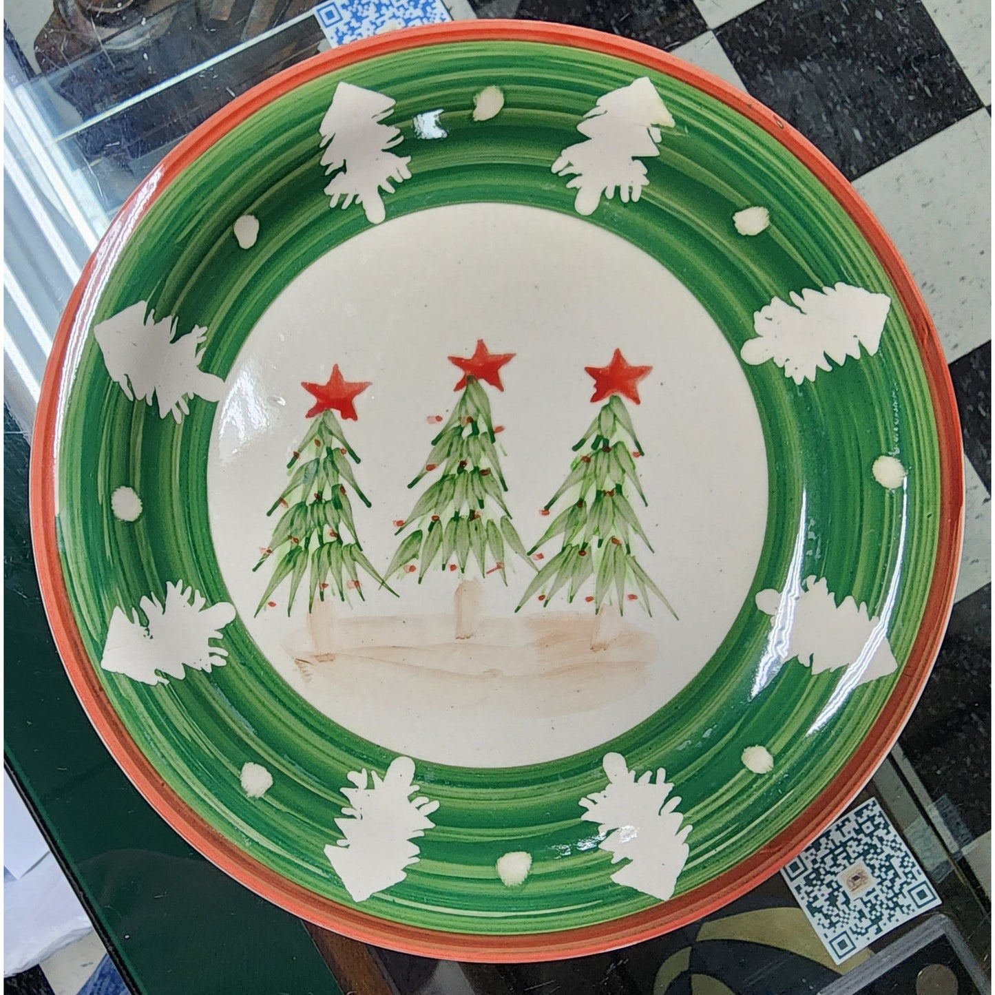 VTG Chinese Stoneware Christmas Dinnerware Set Hand Painted Trees 24 Pc - Rare