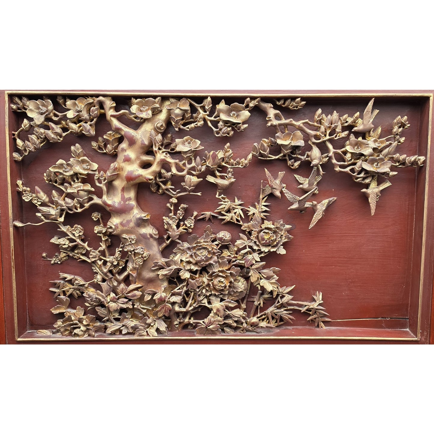 Vintage Chinese Carved Wood Panel & Header – Birds & Blossoms – Gold Detail - Rare