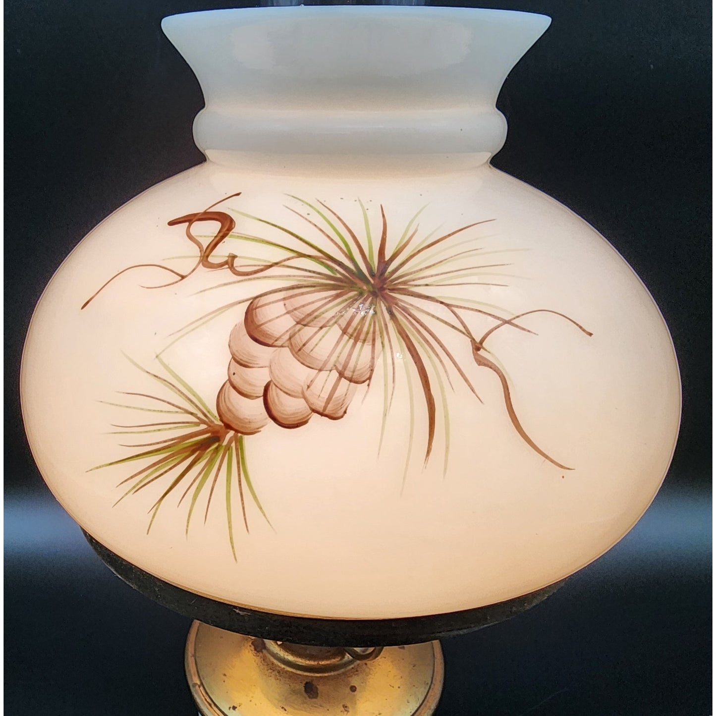 Vintage Brass Table Lamp w/ Hand‑Painted Pinecone Milk Glass Shade, 16.5"  Tall
