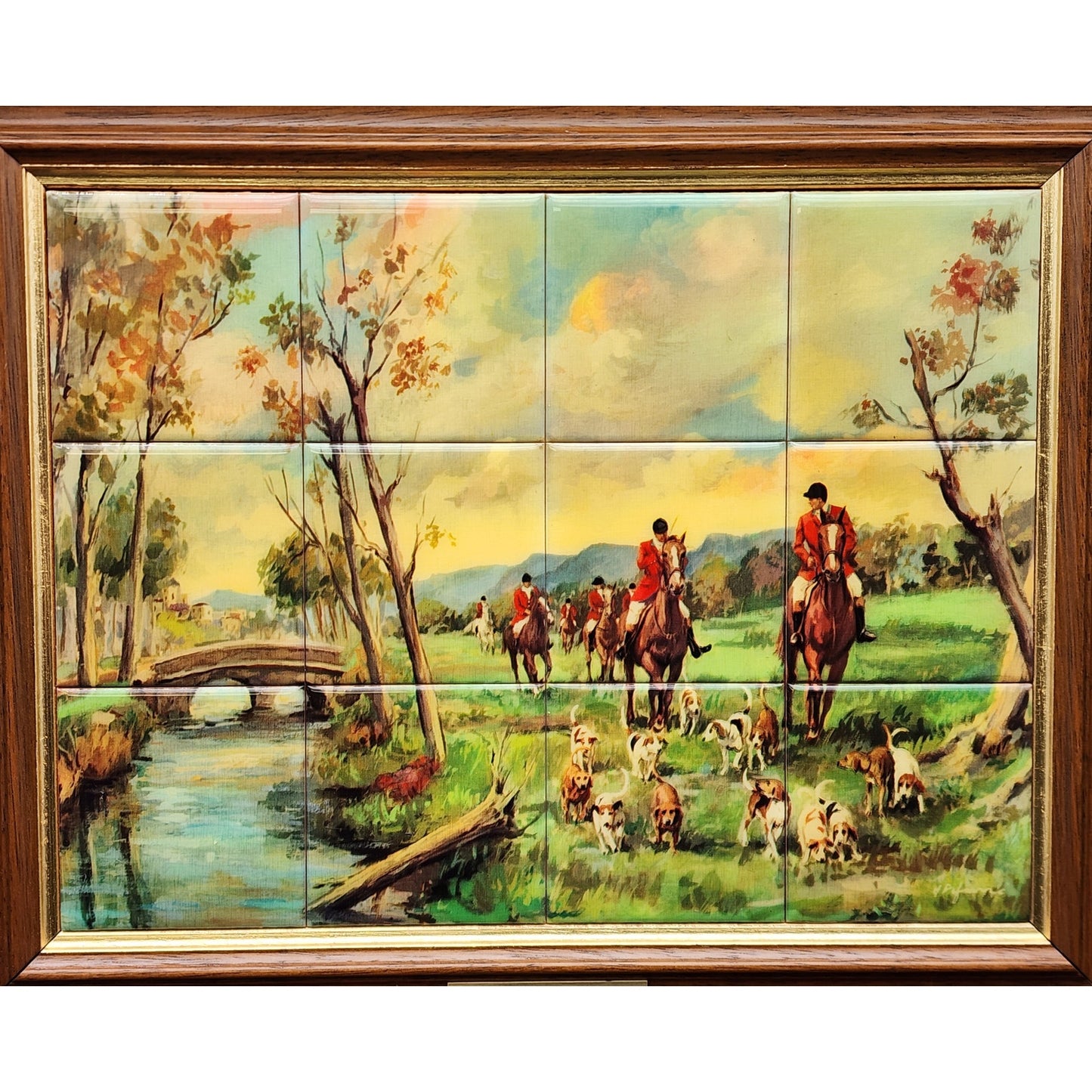 Vintage J. Pifarré “Hunt in the Park” 12‑Tile Mosaic in Wood Frame 14.25x11.75