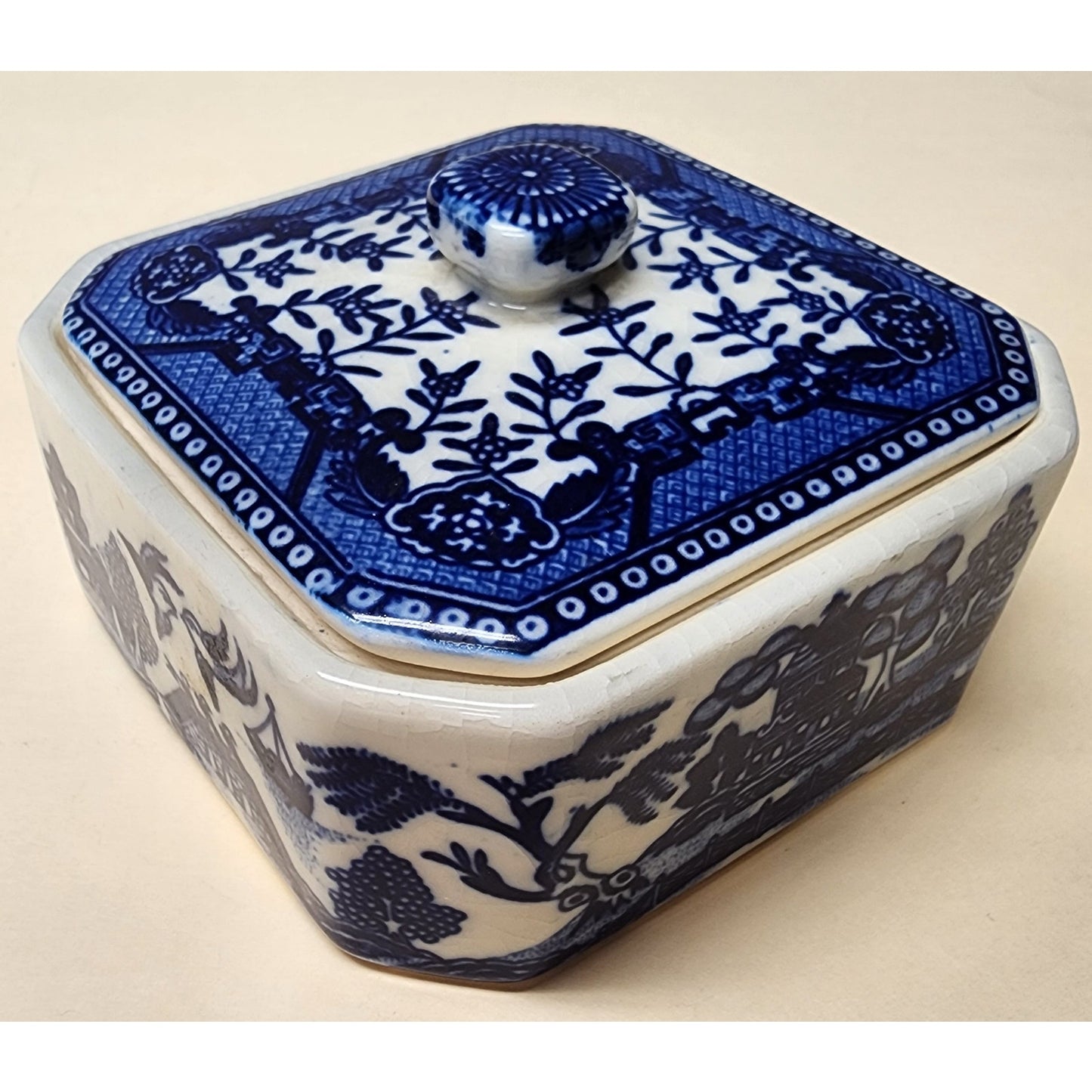 Vintage Moriyama Japan Blue Willow Covered Dish Porcelain Container Rare