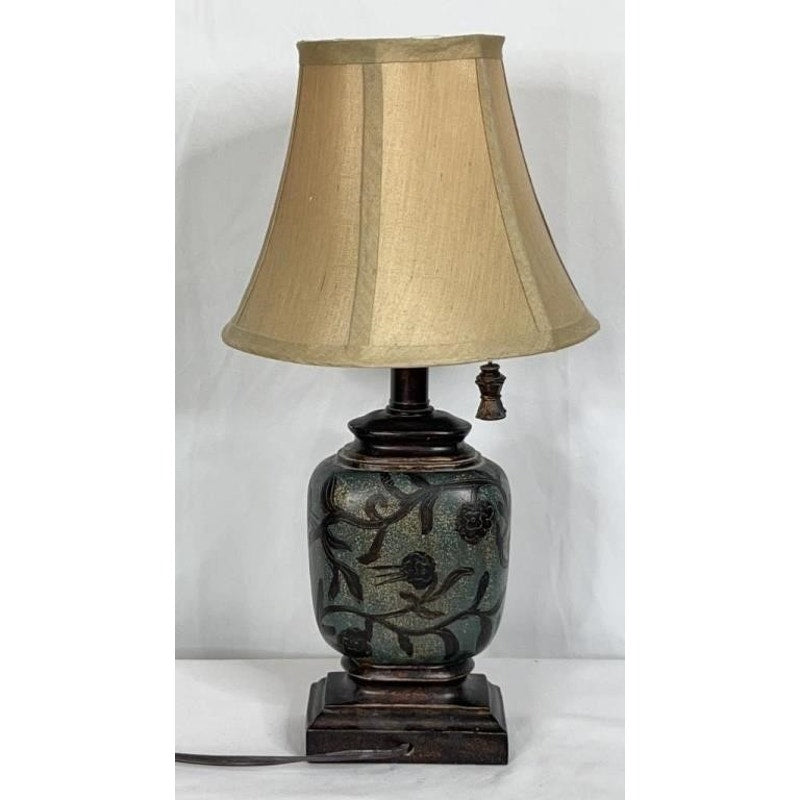 Vintage Ceramic Table Lamp Etched Floral w/ Shade & Ornate Pull Chain 18"