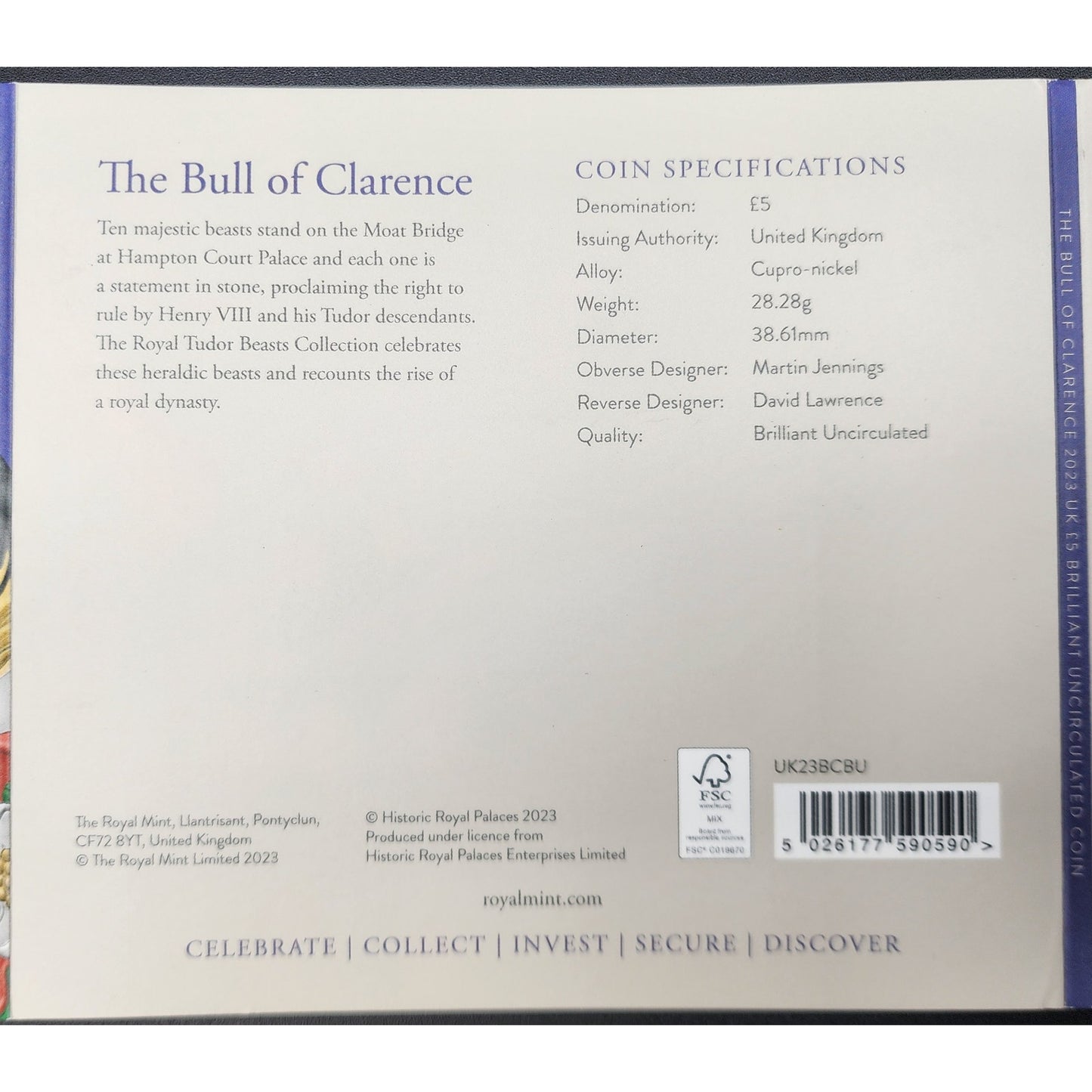 2023 1 oz Proof .999 Silver British Bull of Clarence AND £5 BU Coins w/ OGP/COAs