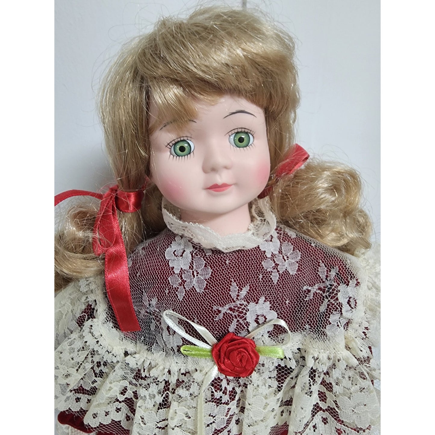 Vintage Tender Hearts Porcelain Doll No. 594 Red Velvet Lace Dress w/ Stand