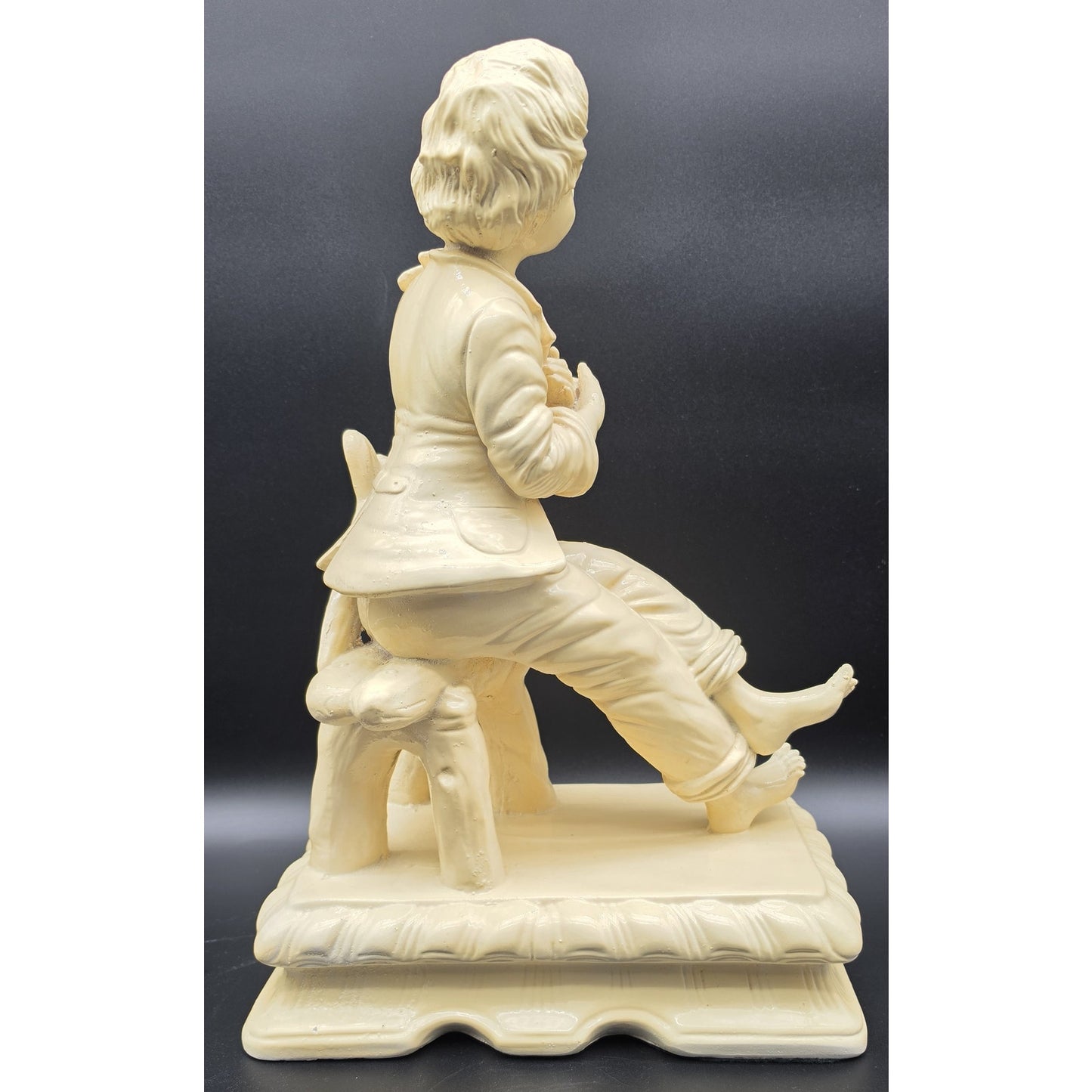 Vintage Pale Yellow Alabaster Boy Sculpture on Rustic Bench 18.5" 11 lbs