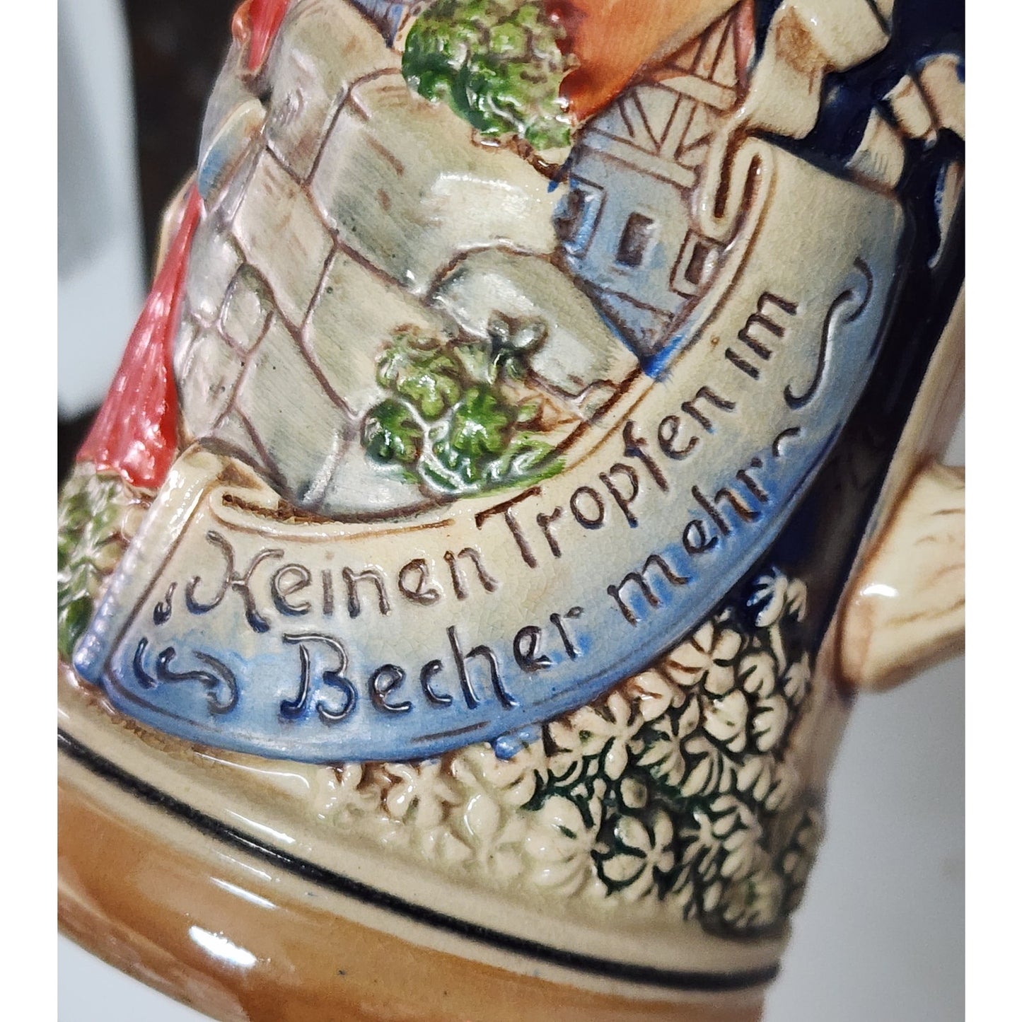 Vintage German Beer Stein Pewter Lid Hand Painted Relief 9.5" Heavy Ceramic