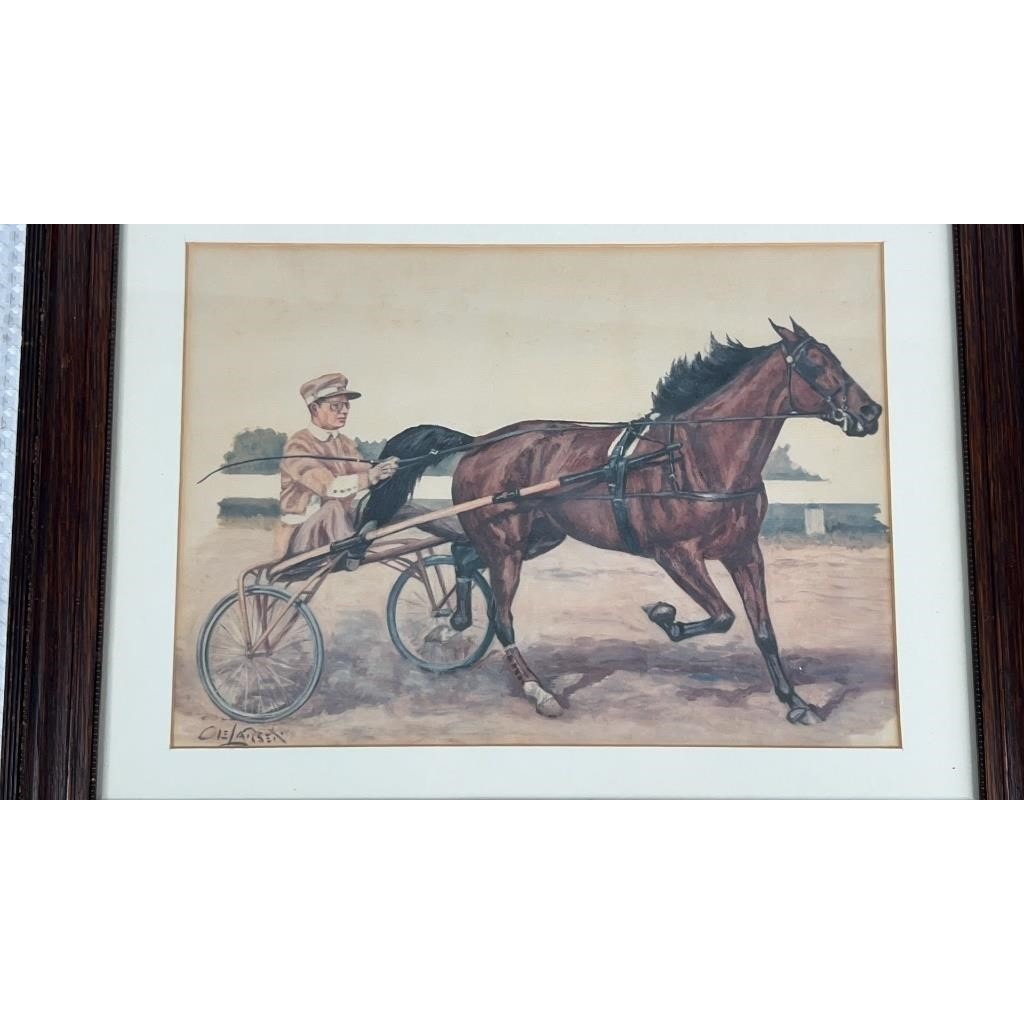 VTG Ole Larsen Original Watercolor Horse & Sulky Racing Scene, Signed & Framed