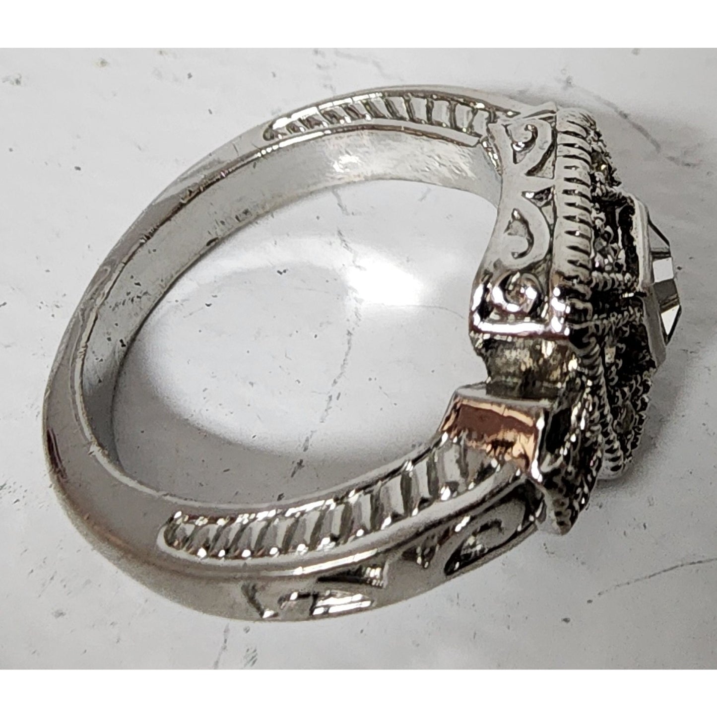 Vintage Silver Ring Size 9.75 w/ Box – Square Cut Clear Stone & Filigree Design