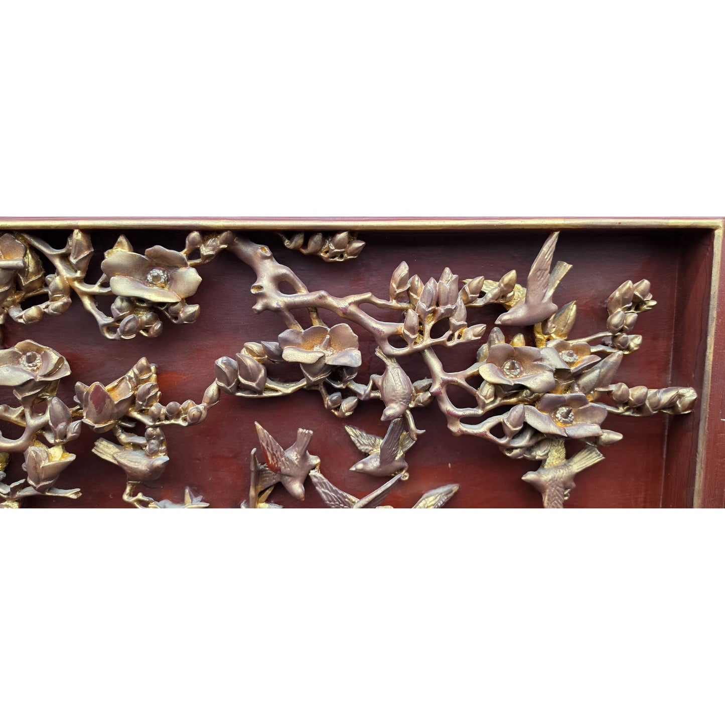 Vintage Chinese Carved Wood Panel & Header – Birds & Blossoms – Gold Detail - Rare