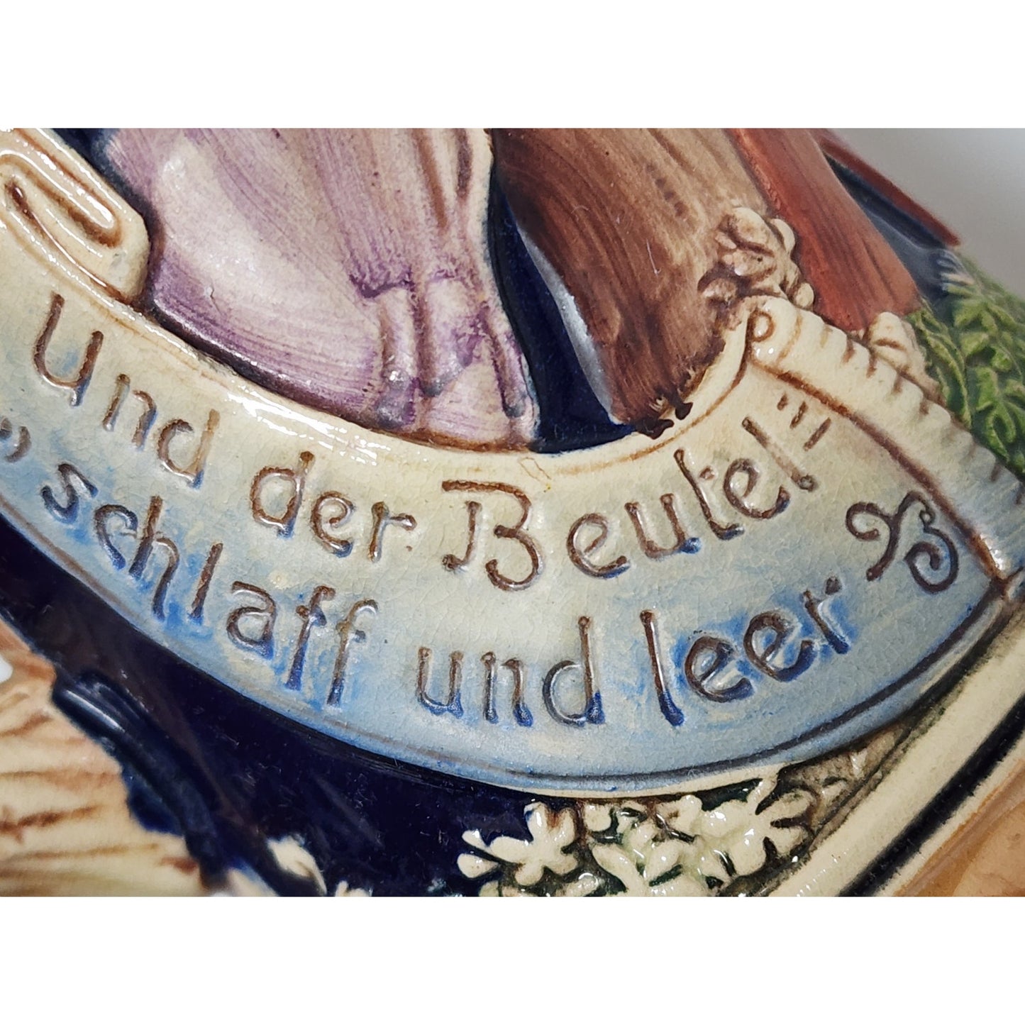 Vintage German Beer Stein Pewter Lid Hand Painted Relief 9.5" Heavy Ceramic