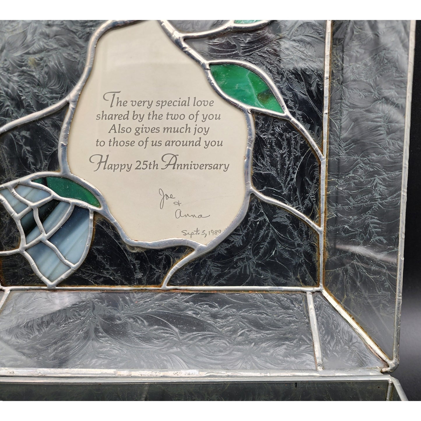 Stained Glass 25th Anniversary Keepsake Box Green Leaves Butterfly 10.75" Heavy