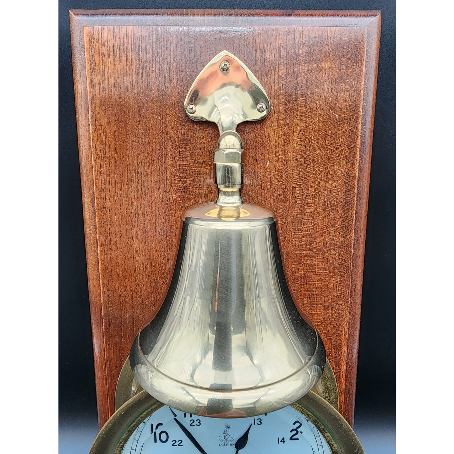 Vintage Dolphin Brass & Wood Mariner Wall Clock w/ Hourly Ship Bell Chimes
