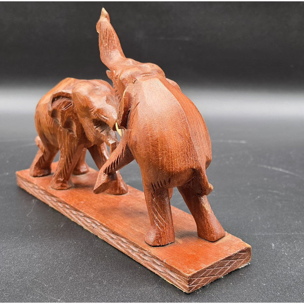 Vintage Hand Carved Wood Elephant Set Wall Hanging Plaque & Mantel Figurine Art