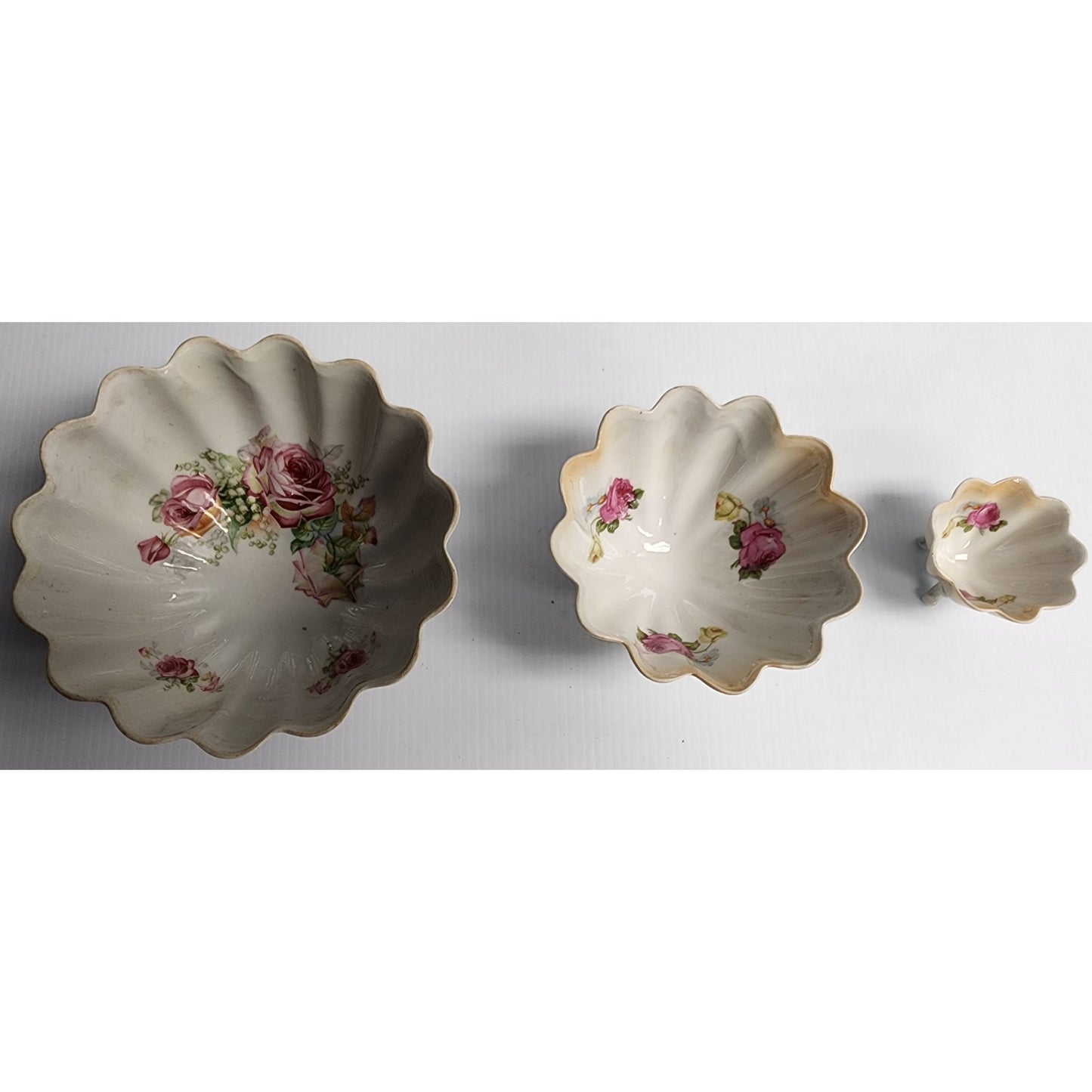 Antique German Hand Painted Porcelain Bowl Set 3pc Floral Scalloped Pedestal