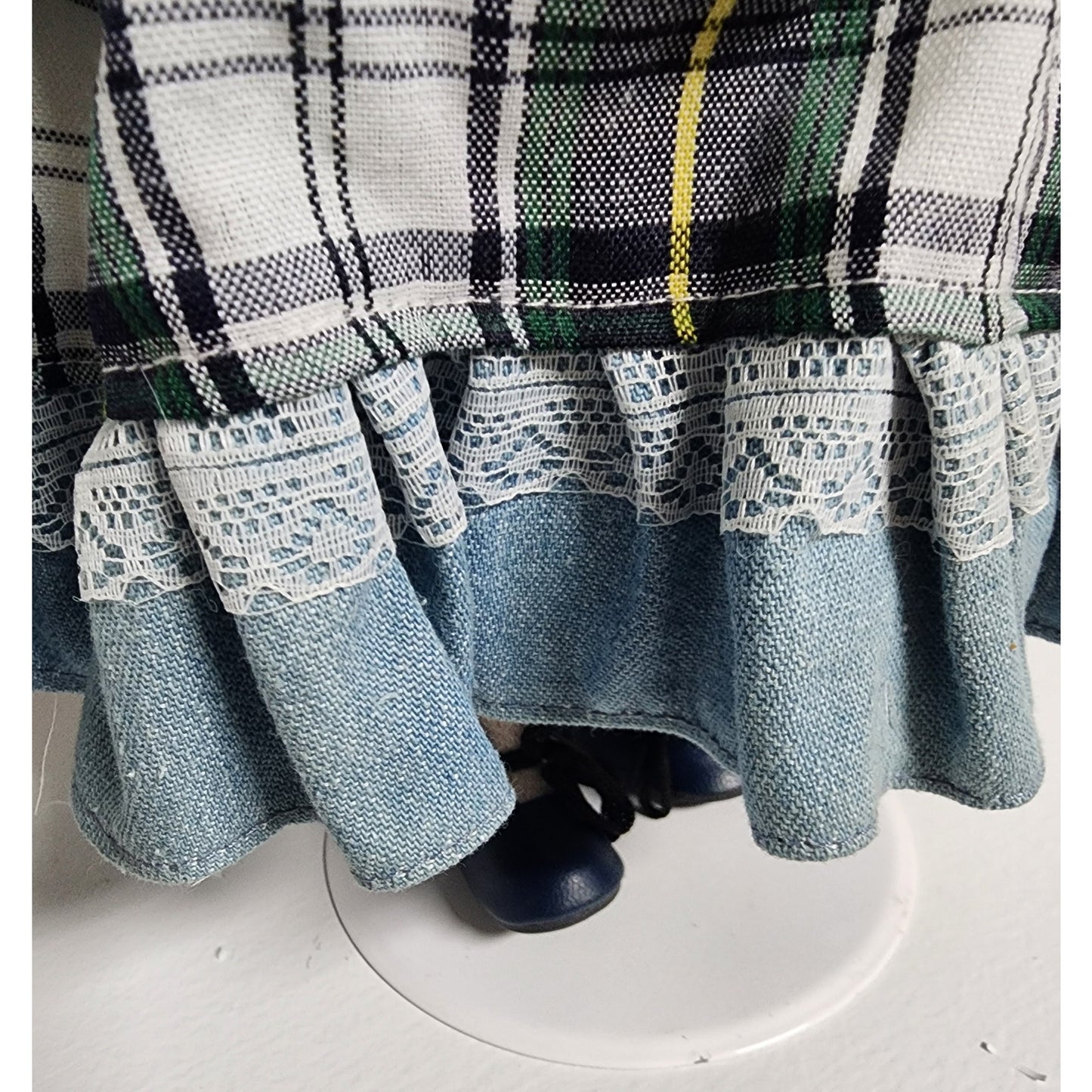 Vintage Tender Heart Treasures Porcelain Doll Plaid Dress Blonde Curls w/ Stand