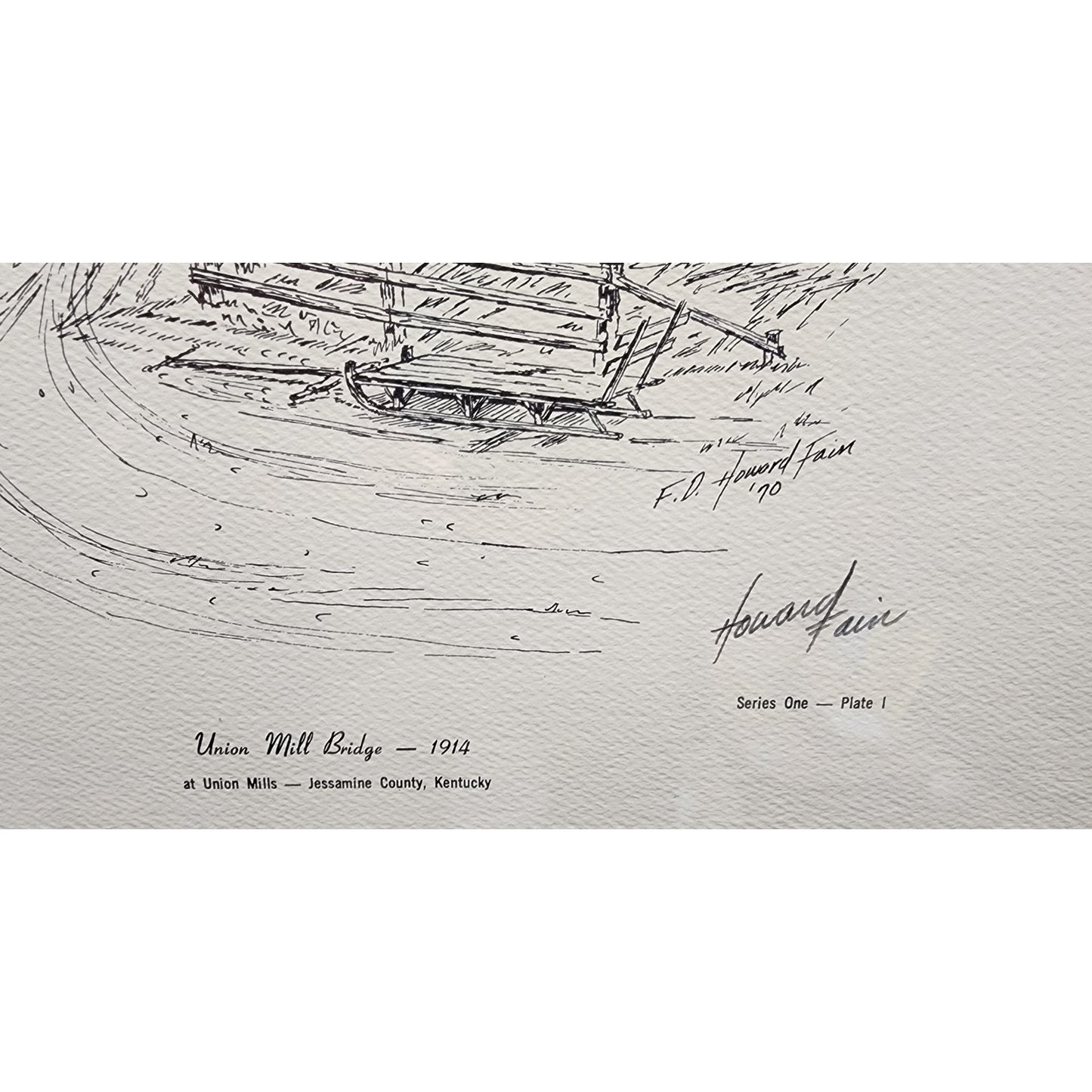 Union Mill Bridge 1914 Signed Lithograph Howard Fain • Framed 16.5x20.75 1970