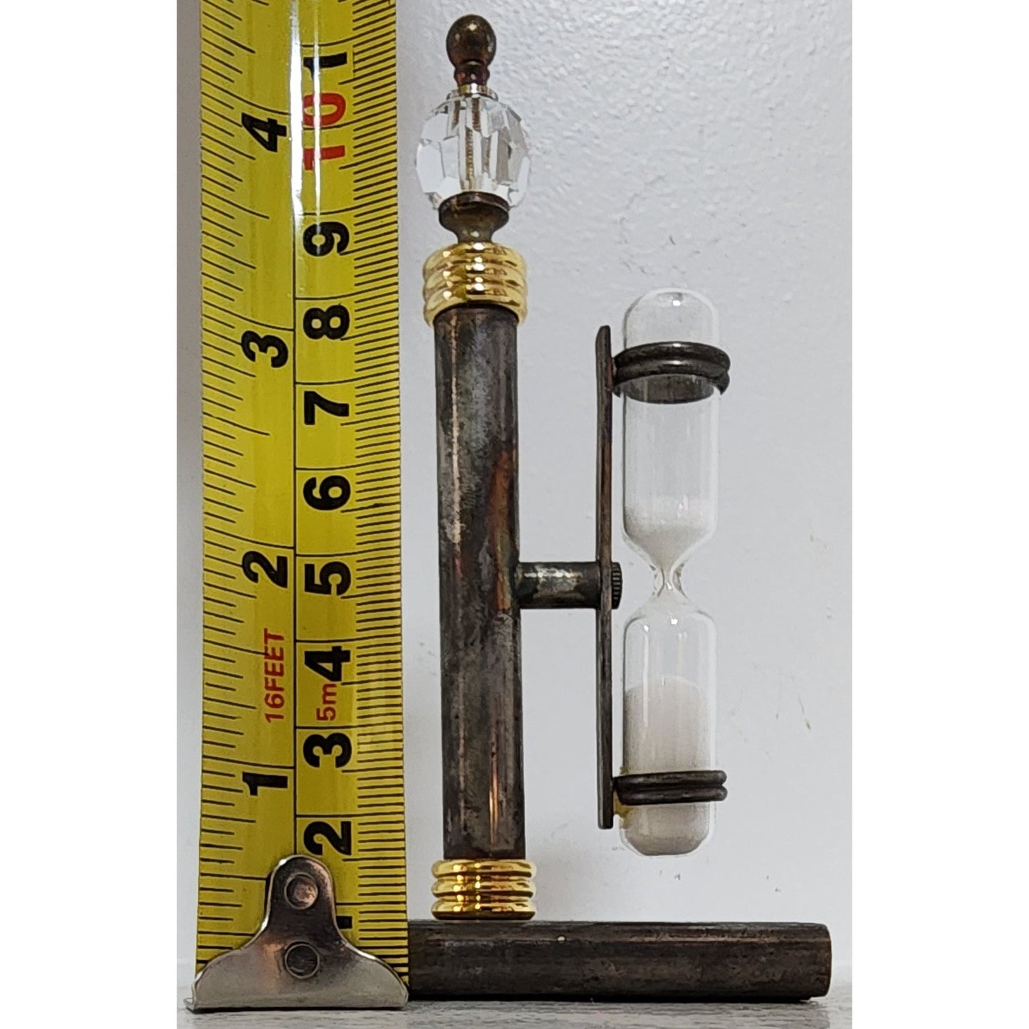 Vintage Brass Hourglass Timer on Stand – 3‑Min Promo Piece, Crystal Finial