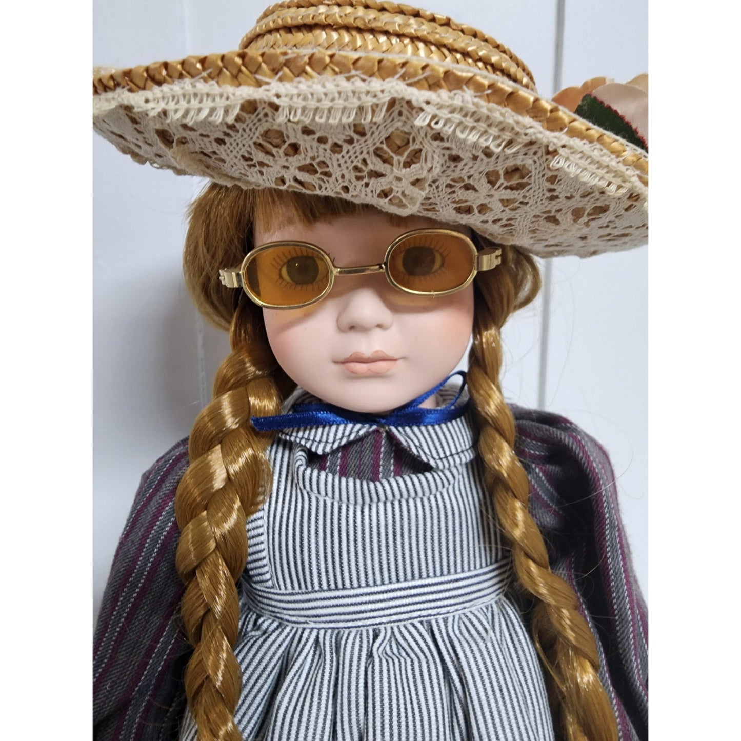 Vintage 1990s Tender Hearts Treasures “Laura” Porcelain Doll w/ Straw Hat & Glasses