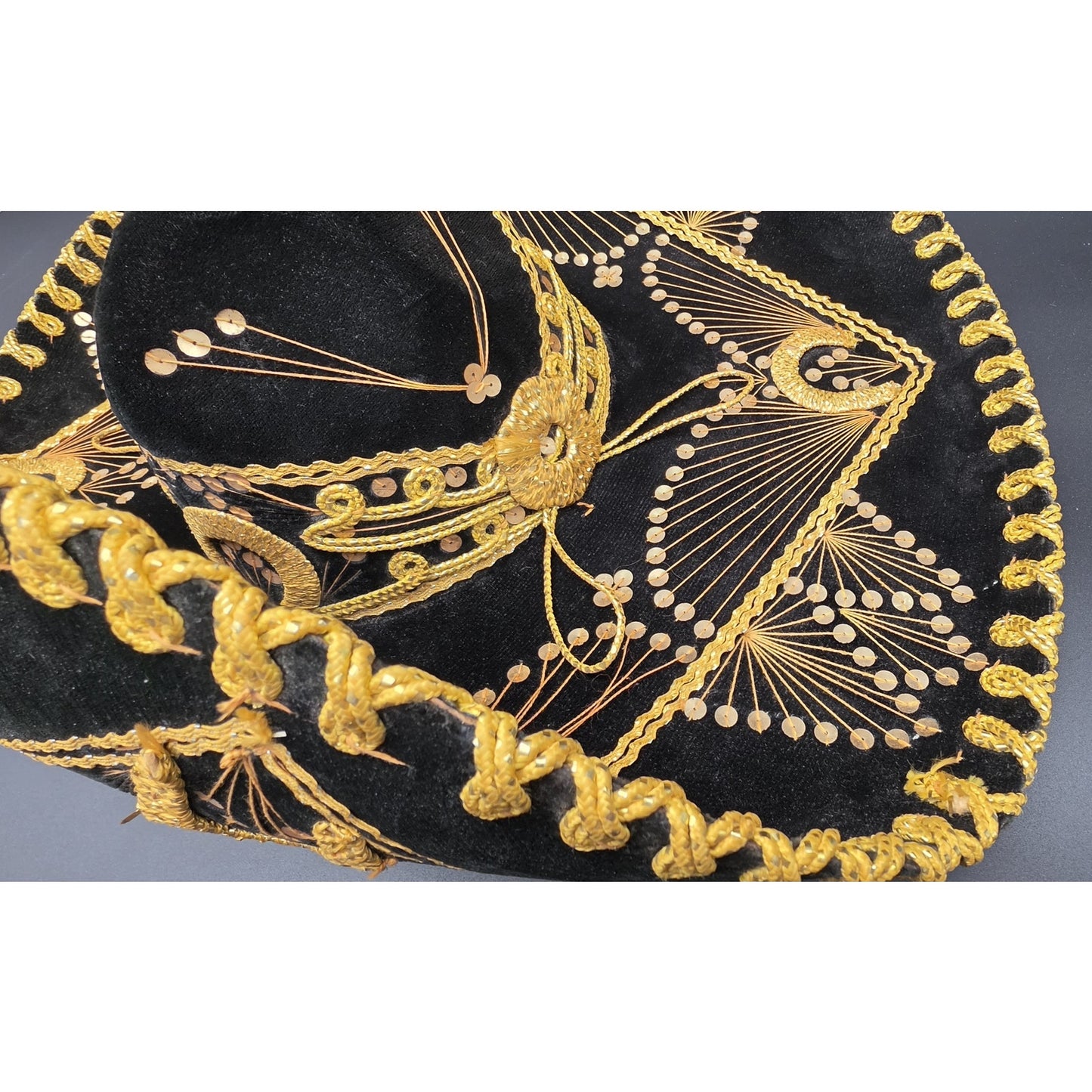 Authentic Vintage Mexican Sombrero Black Felt Gold Emb Sequin Detail 24x18x7.25