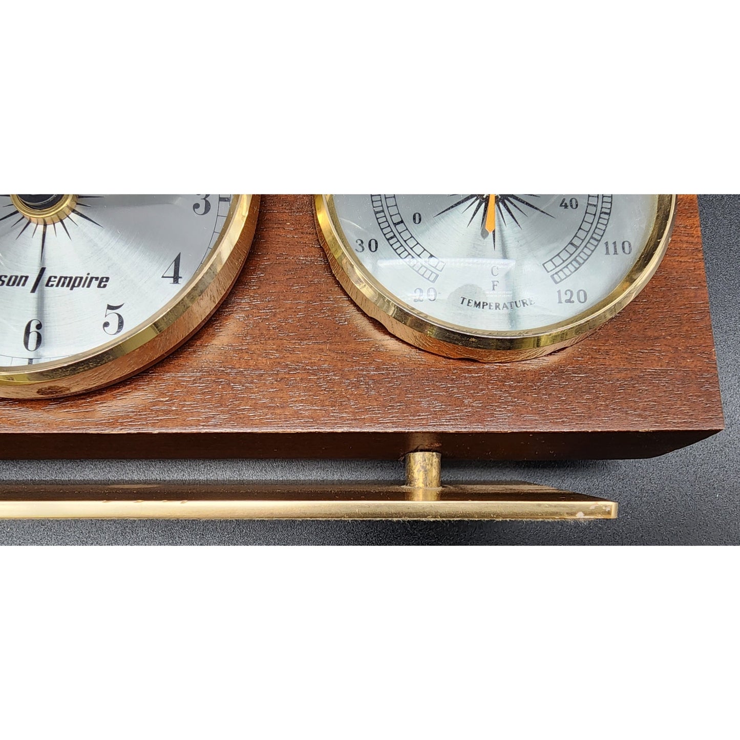 Vintage Jason Empire Weather Station Wood & Brass Quartz Clock Thermometer