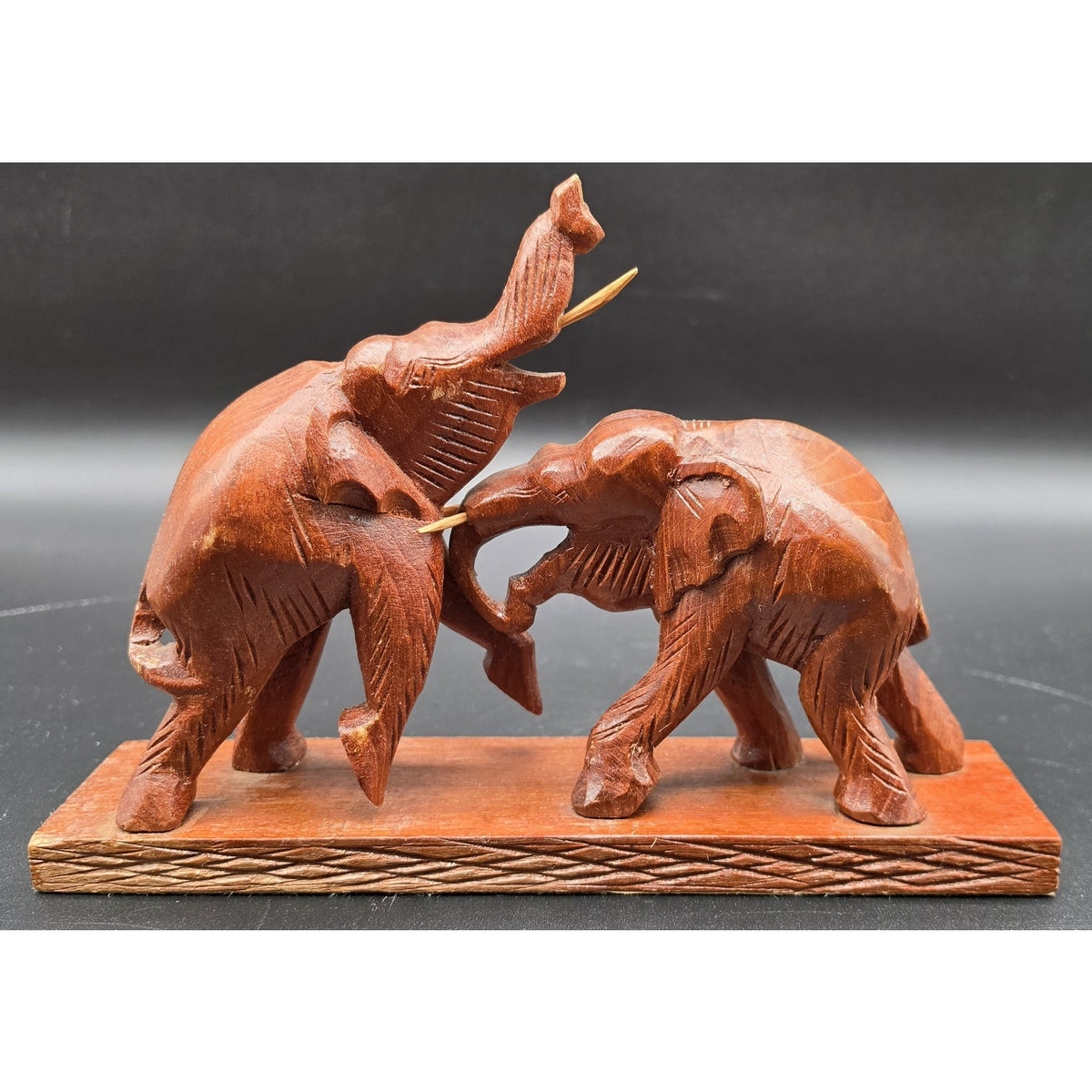 Vintage Hand Carved Wood Elephant Set Wall Hanging Plaque & Mantel Figurine Art