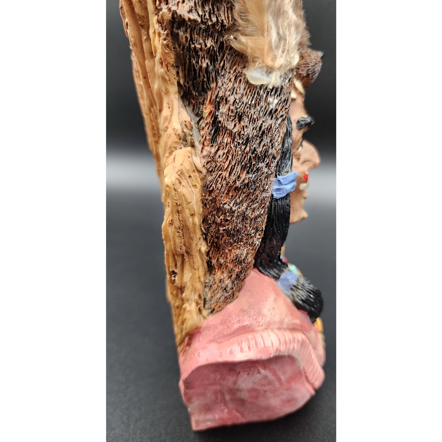 Native American Warrior Figurine w/ Wolf Fox Headdress Feathers Resin 10”