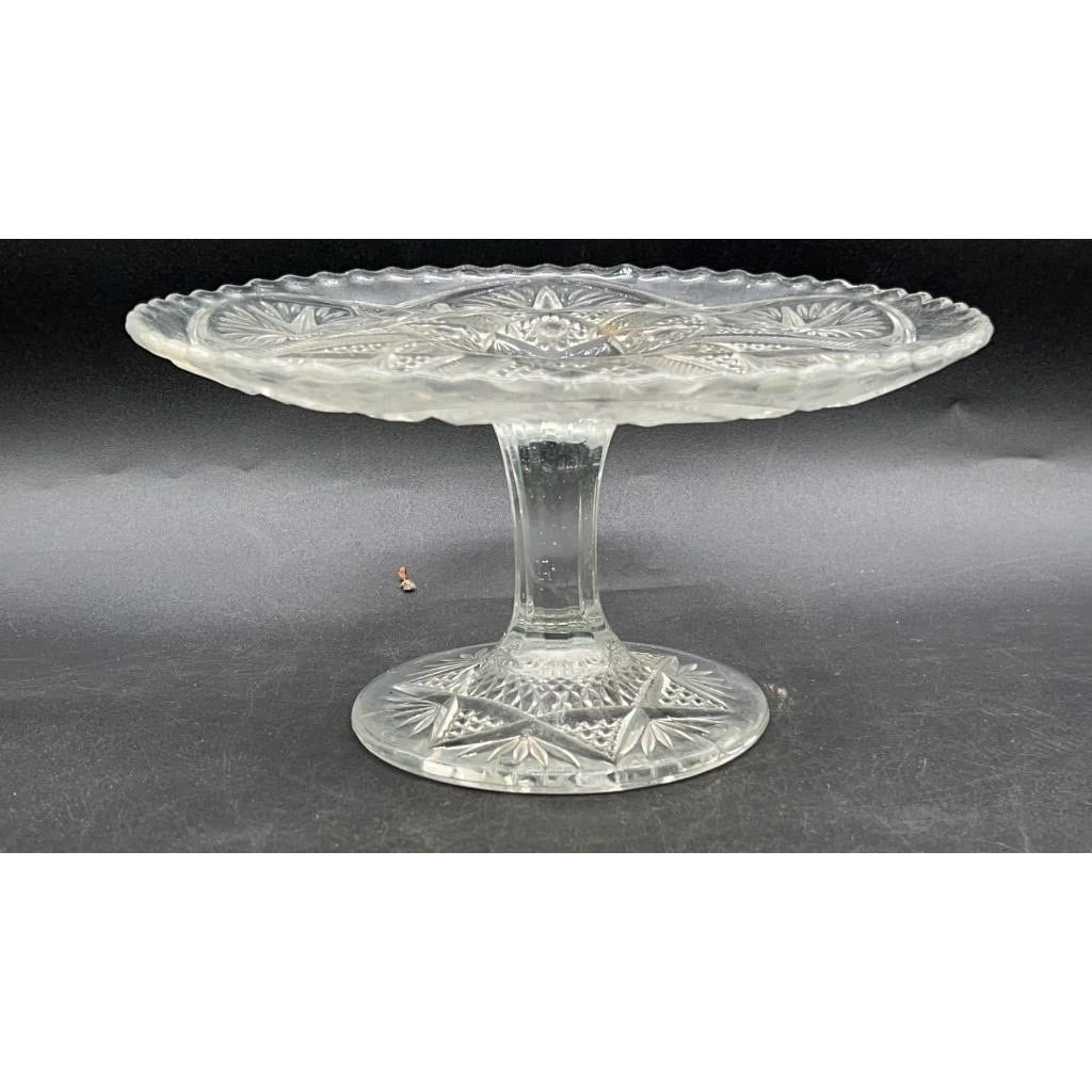 VTG Pressed Glass Pedestal Cake Stand 8.25" Scalloped Edge Starburst Design