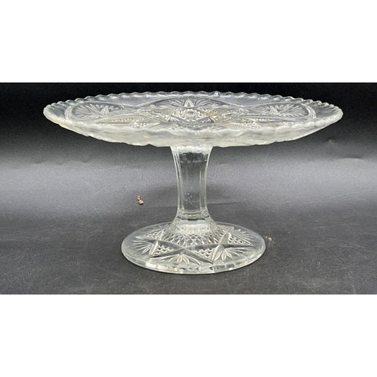 VTG Pressed Glass Pedestal Cake Stand 8.25" Scalloped Edge Starburst Design