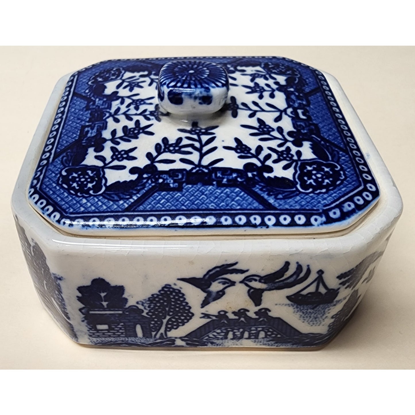 Vintage Moriyama Japan Blue Willow Covered Dish Porcelain Container Rare